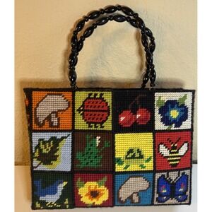 70's Vintage Ecology Needlepoint Bag Purse colorful patchwork cross stich tote